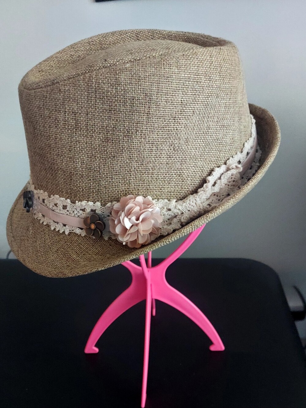 Women’s Beige Straw Fedora Hat with Pink Floral Trim - Picture 5 of 5